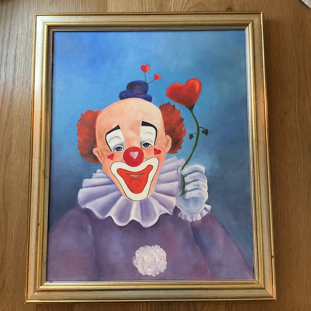 Jolly Creepy Heart Clown Painting Signed Canvas Gold Velvet Frame
